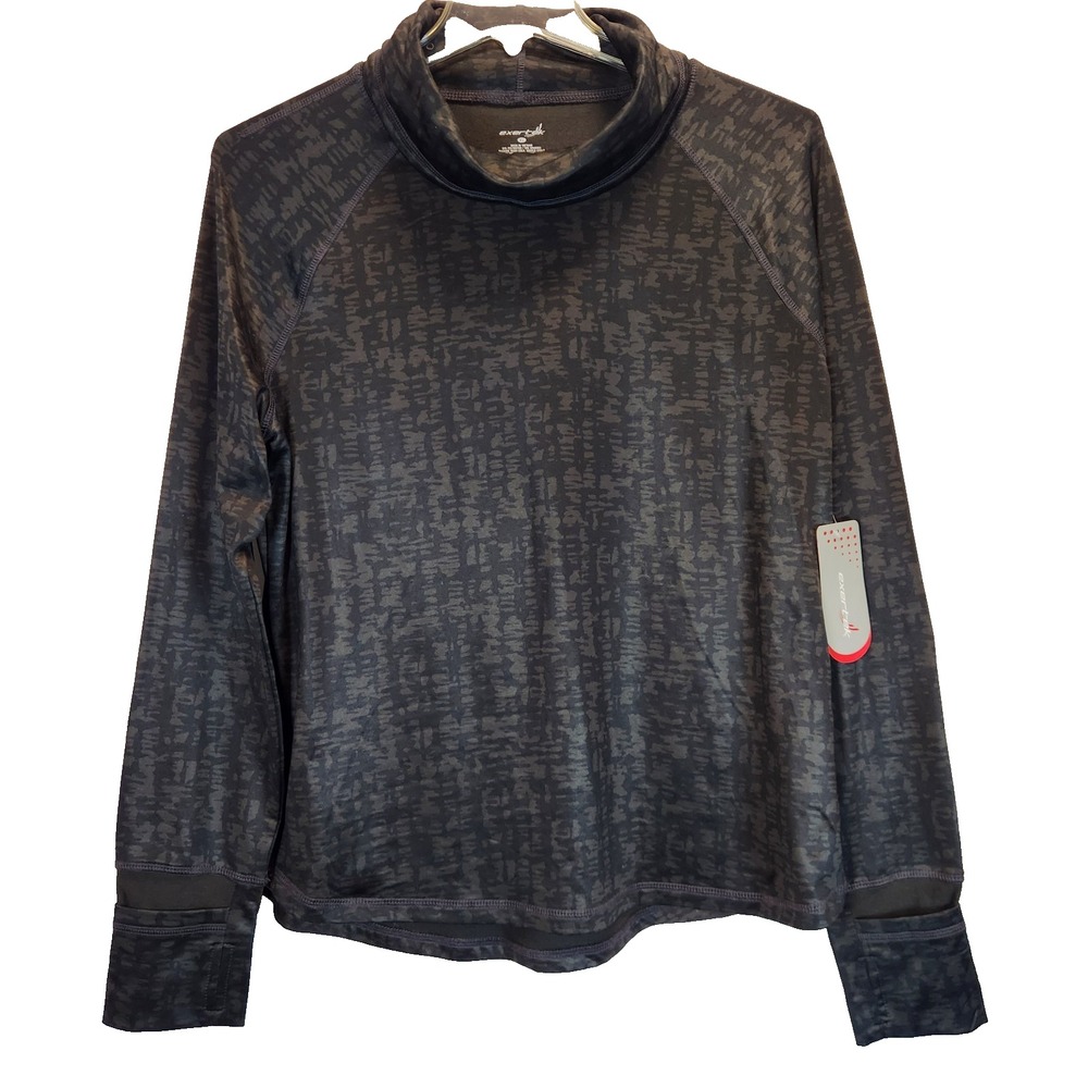 Exertek Women Black Abstract Fleece Cowl Neck Pullover Top Thumbholes Size XL